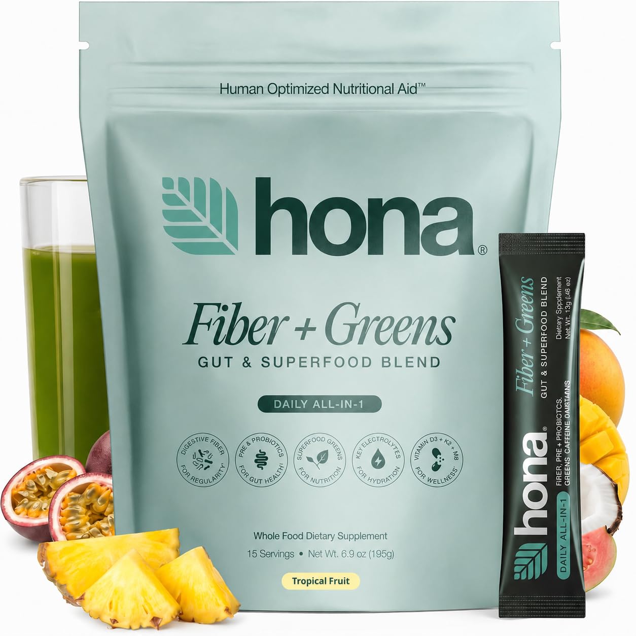 Hona Fiber Greens Powder with Super Greens, 8g Fiber, 15 Travel Sticks