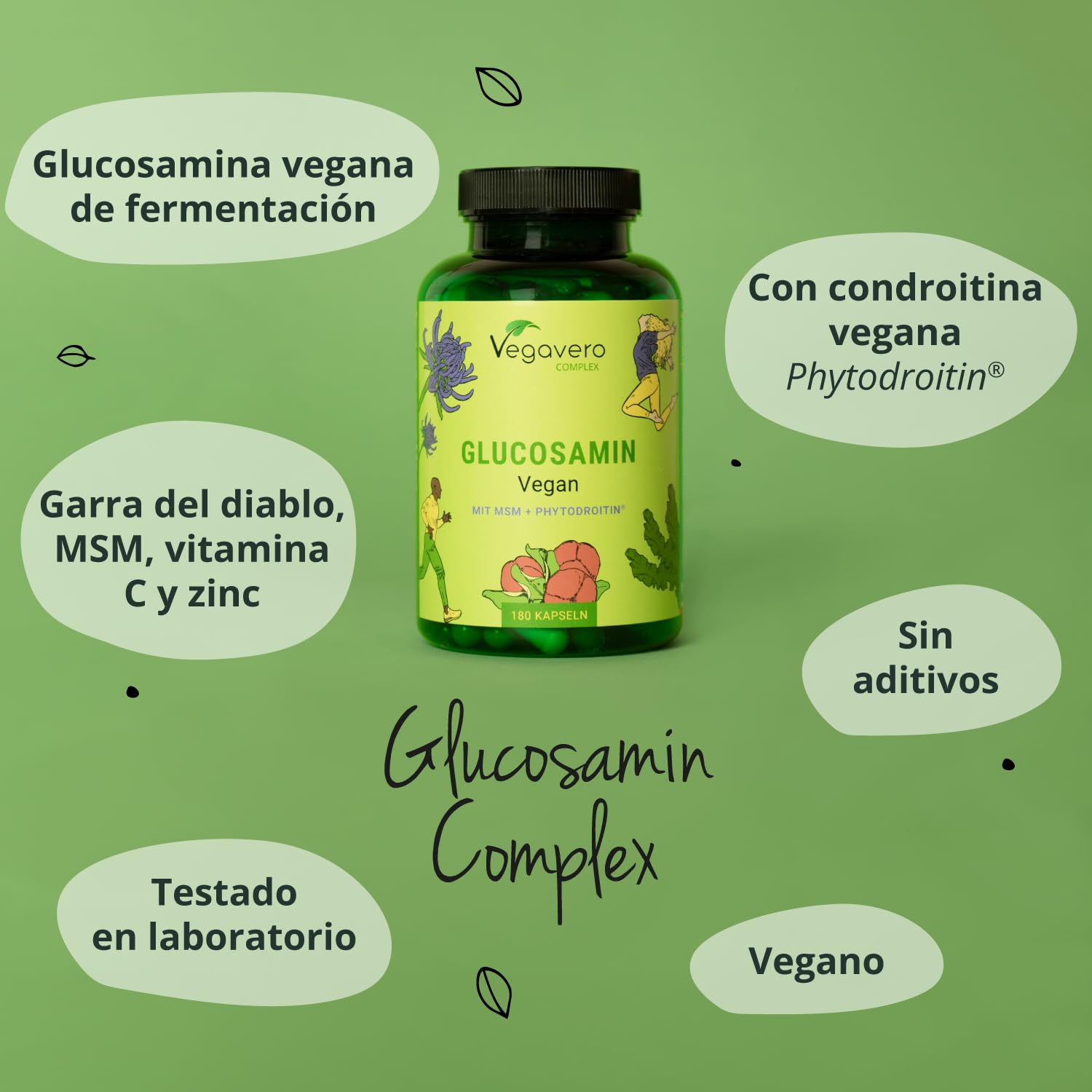 Vegavero Glucosamina Complex | CONDROITINA + MSM | Articulaciones + Antiinflamatorio + Cartílago | 100% VEGANO | Harpagofito + Zinc+ Vitamina C | 180 Cápsulas