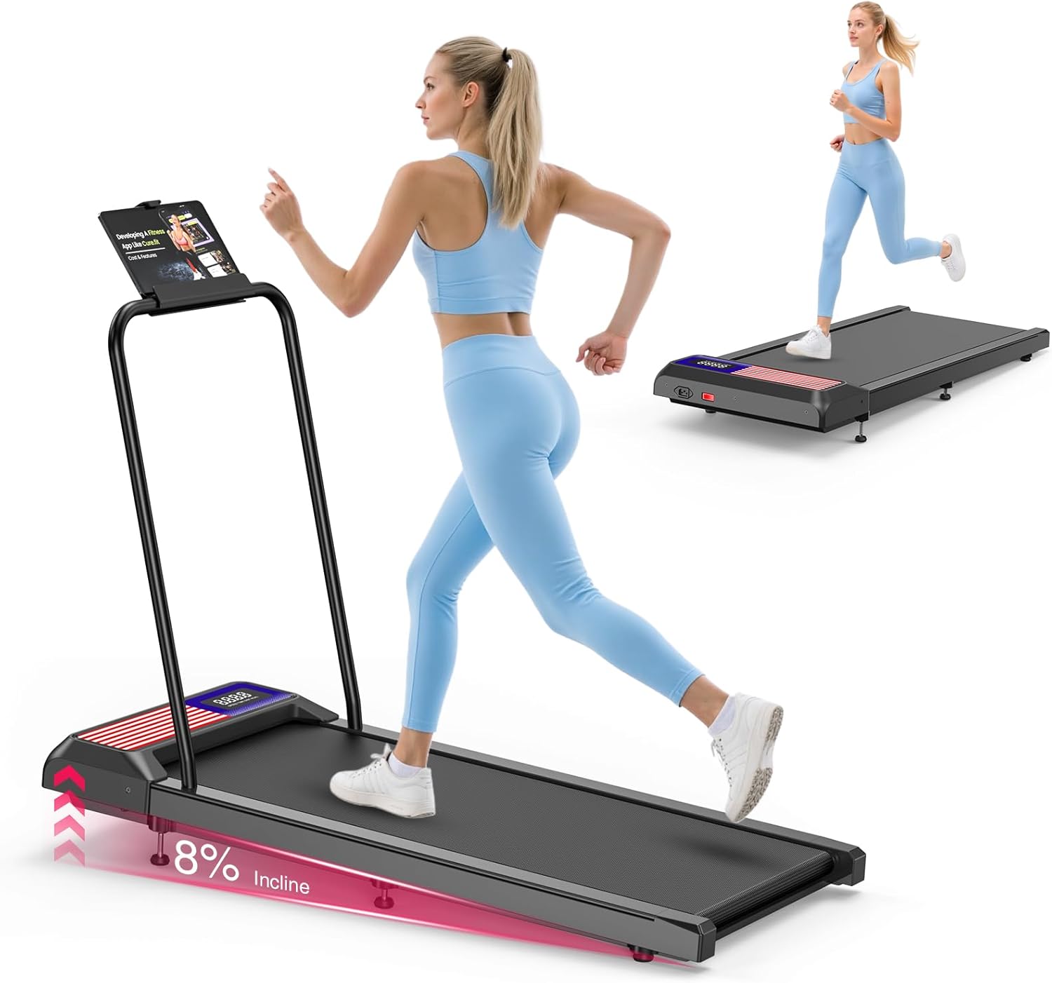 Hillhub Walking Mat Treadmill with 0-8° Incline and Handle Bar, Quiet and Foldable Treadmill for Home or Office, 4-in-1 Modes, No Assembly, Quiet and Portable Home Gym Equipment