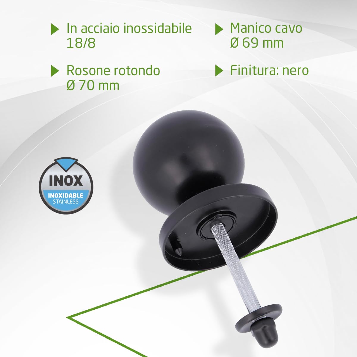 Amig - Pomello per porta | Realizzato in acciaio inossidabile | Maniglia: Ø70 mm | Nero | Resistente allo sfregamento, alla ruggine e alla corrosione
