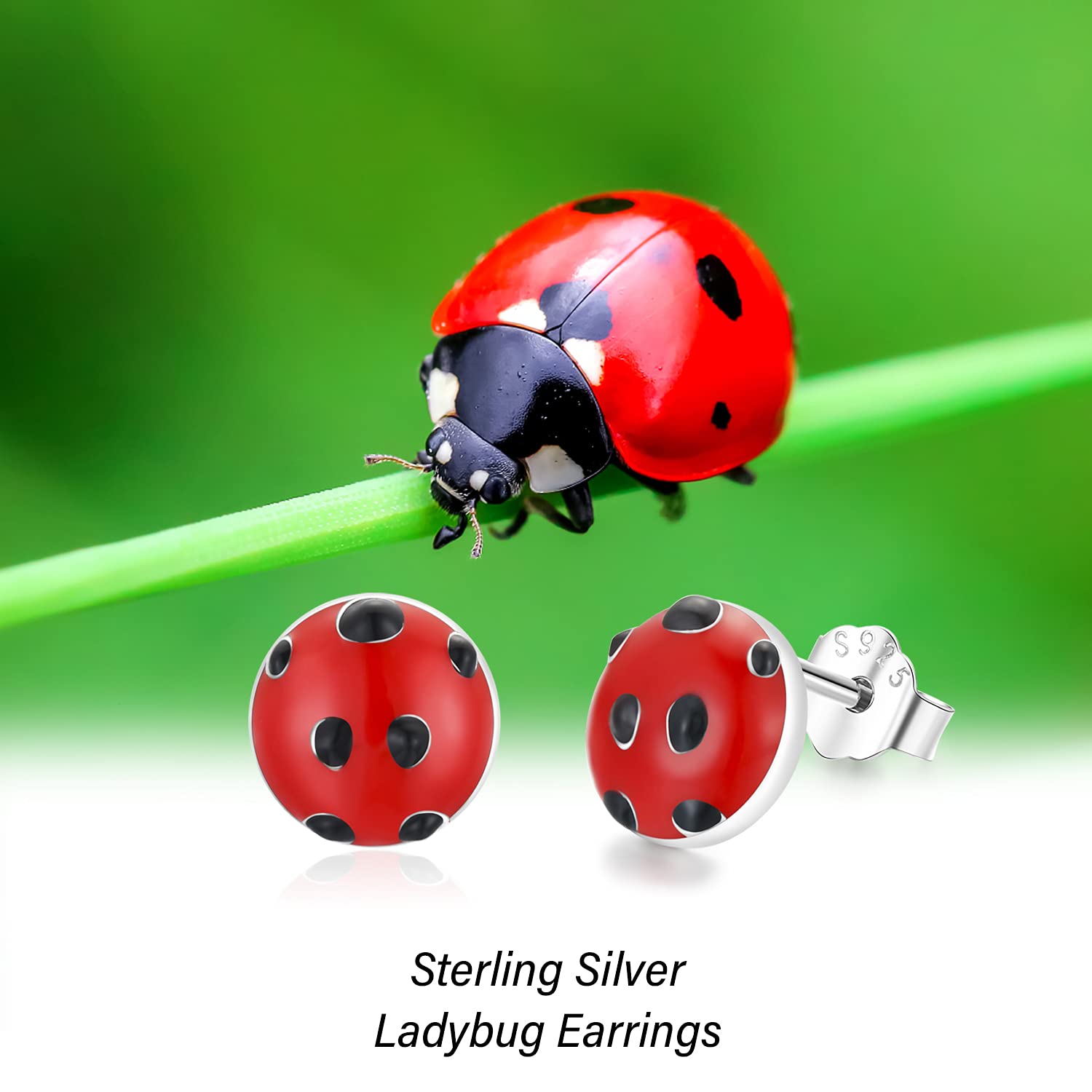 Pendientes de mariquita para mujeres y niñas, plata de ley 925, hipoalergénicos, bonitos aretes para orejas sensibles, joyería de mariquita, regalos para hija
