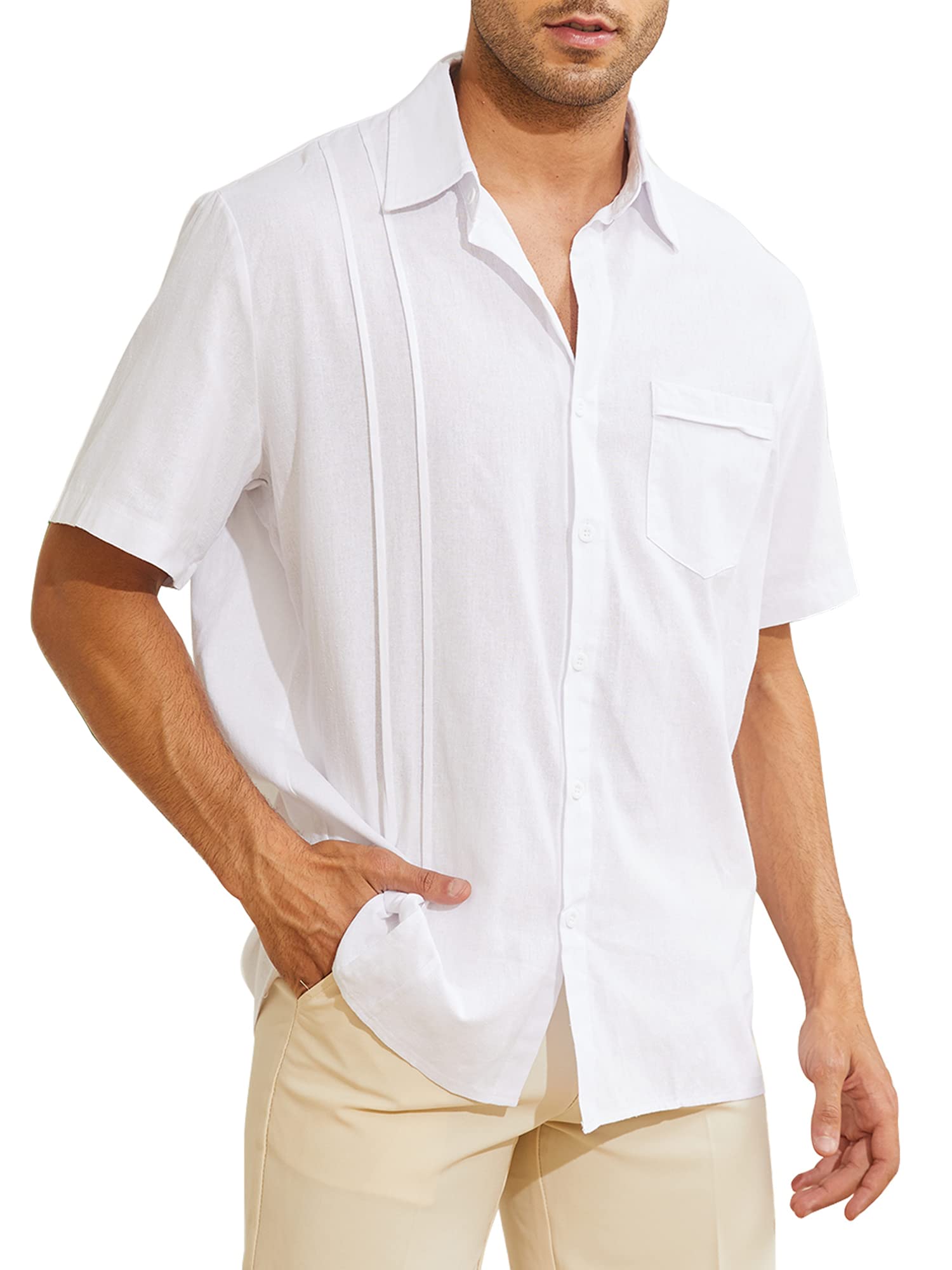 CheChury Camisas Hombre Lino Manga Corta Casual Camisas Informales de Verano Camisa Suelta de Ocio de Color Sólido Top con Bolsillo Top Camisa de Verano Camisa Hawaiana Estilo Playa Camisa