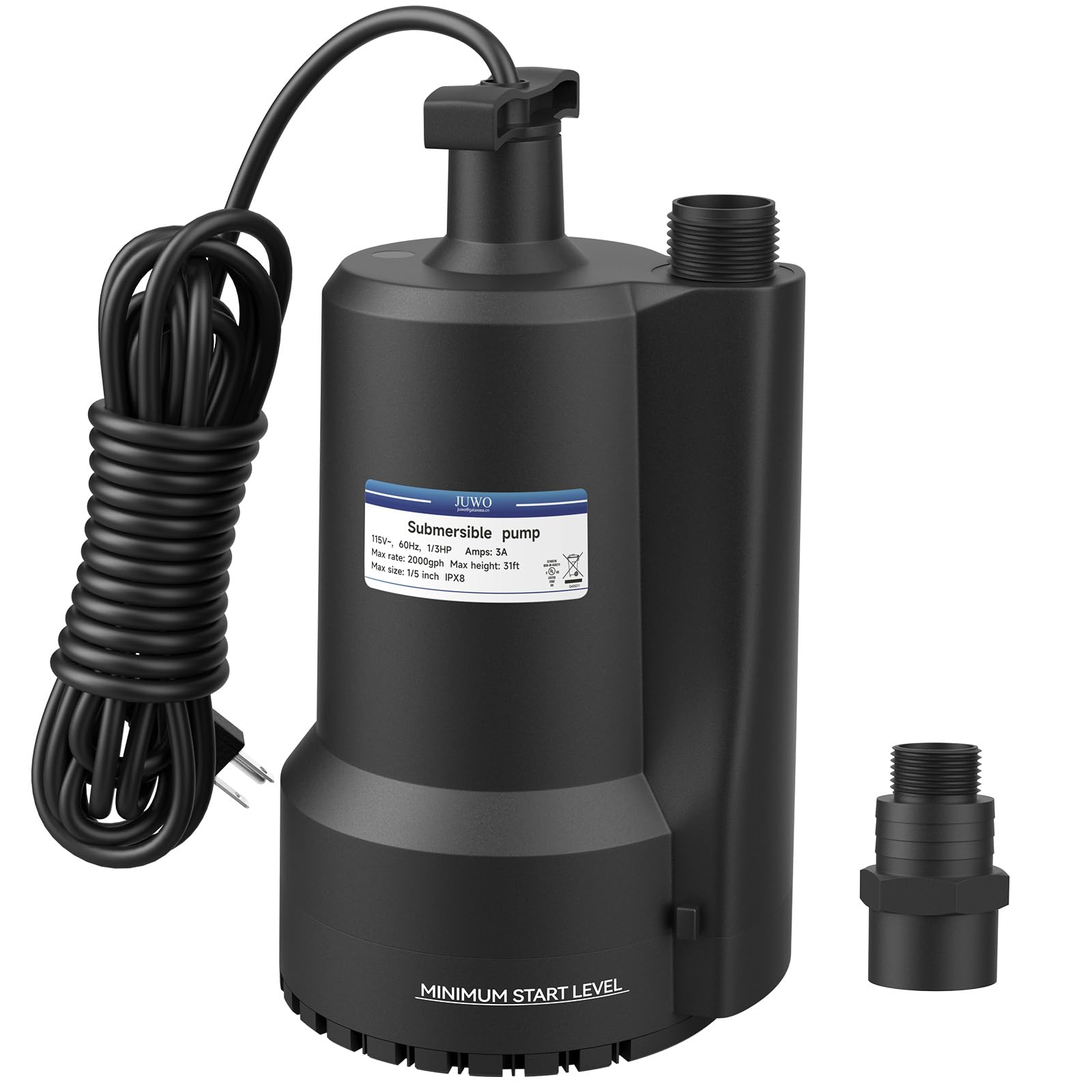 Sump Pump Submersible, 1/3 HP 2000GPH Thermoplastic Portable Utility Pump, Electric Water Pump for Swimming Pool Tub Basement Garden Pond Draining with 10ft Cord
