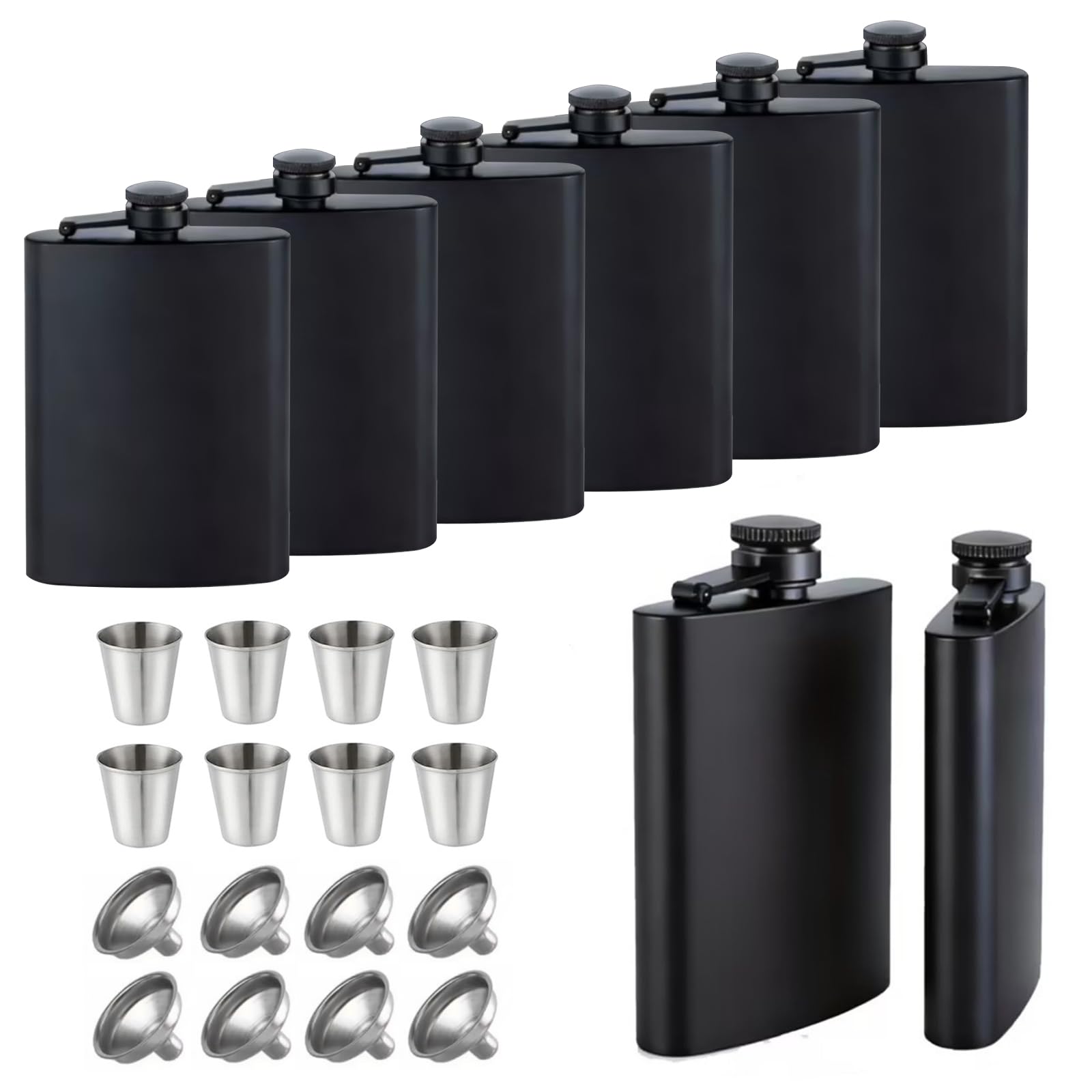 MeiQraft 8 pcs Stainless Steel 8 Oz Hip Flasks for Liquor, Matte Black, Leak-Proof with 8 Funnel and 8 Cups, for Weddings, Groomsmen Gifts, Camping, Traveling, Wedding Party