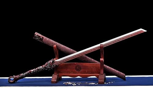 Miniatura 10 de SJ SHI JIAN Espada china dinastía Tang 1096 hoja de acero al carbono 1096, espadas rectas afiladas Katana recta patrón Darogon funda para