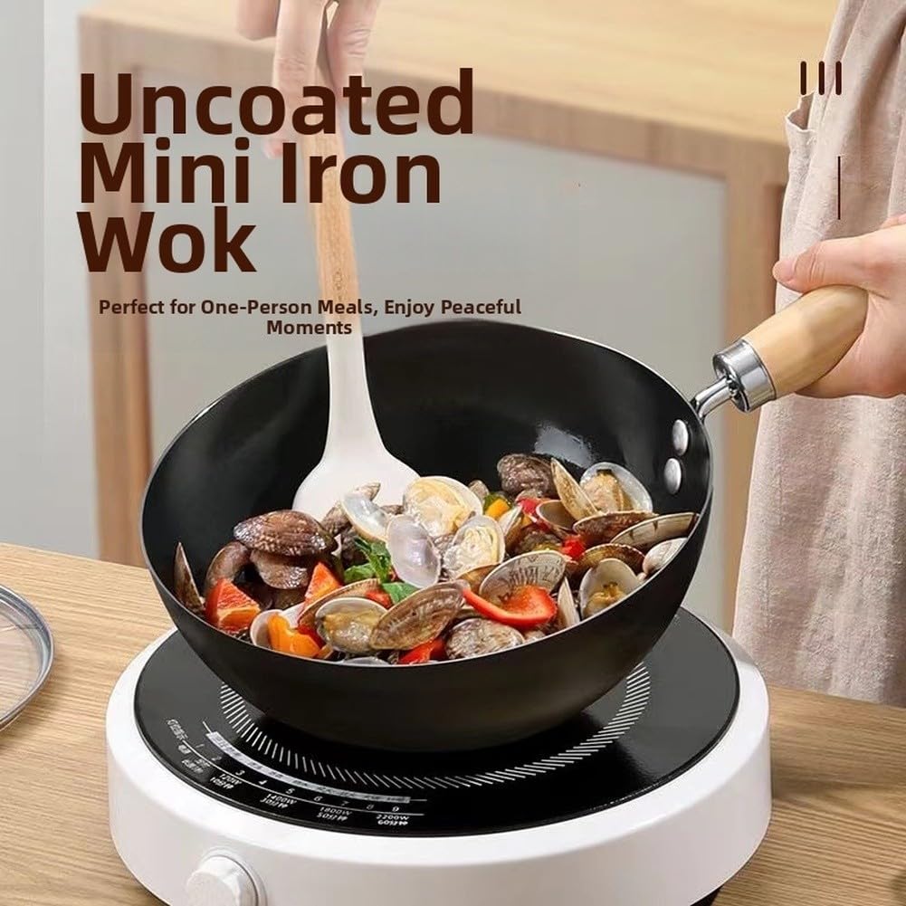Wok de hierro sin revestimiento de 20 cm para cocina de inducción, sartén individual de estilo japonés con superficie y mango de agarre cómodo