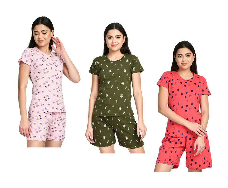 Image of IndiWeaves Cotton Printed Tops and Shorts Set Night Suit for Women (Pack of 3) Pink::Green::Caret