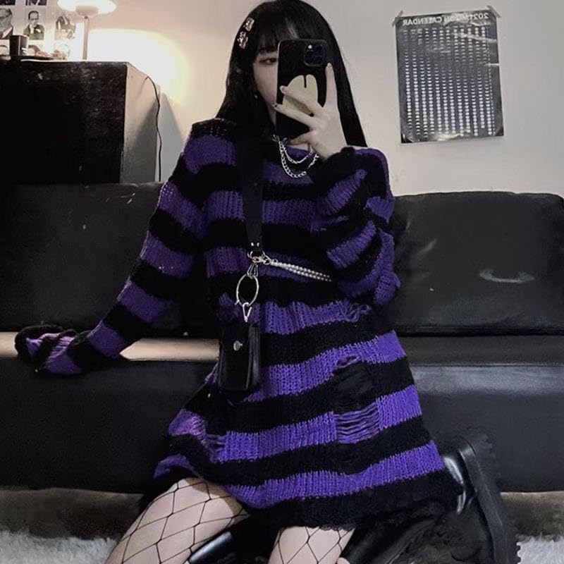 Womens Oversized Goth Punk Ripped Striped Long Sleeve Pullover Sweater Dress Tops Streetwear - Image 5