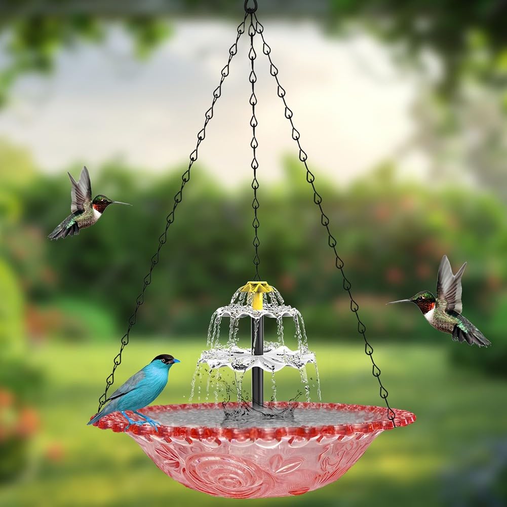 Baño colgante para pájaros, comedero solar para pájaros, fuente de jardín, fuente de agua al aire libre, plástico metálico, diseño flotante, atrae la vida silvestre, azul y rosa, paquete