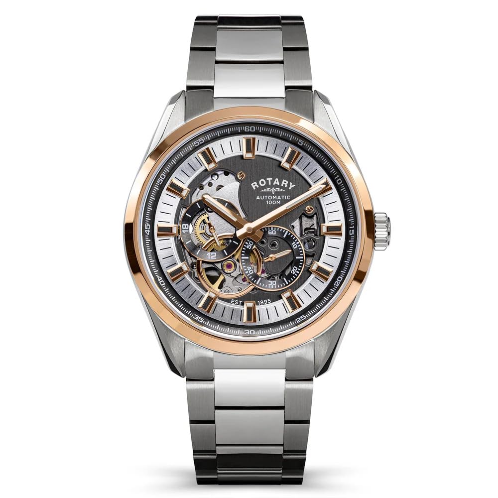 Rotary Seamatic Eclipse - Orologio da polso da uomo, resistente all'acqua fino a 100 m, placcato in oro rosa e argento
