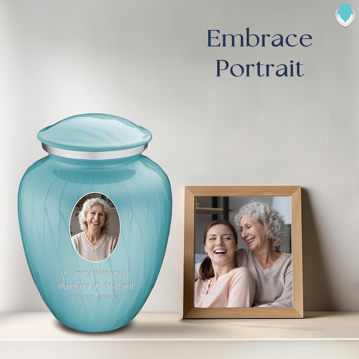 Geturns - Adult Cremation Urns for Human Ashes I Large Pearl Light Blue Photo Funeral Urn for Female and Male I 200 lbs