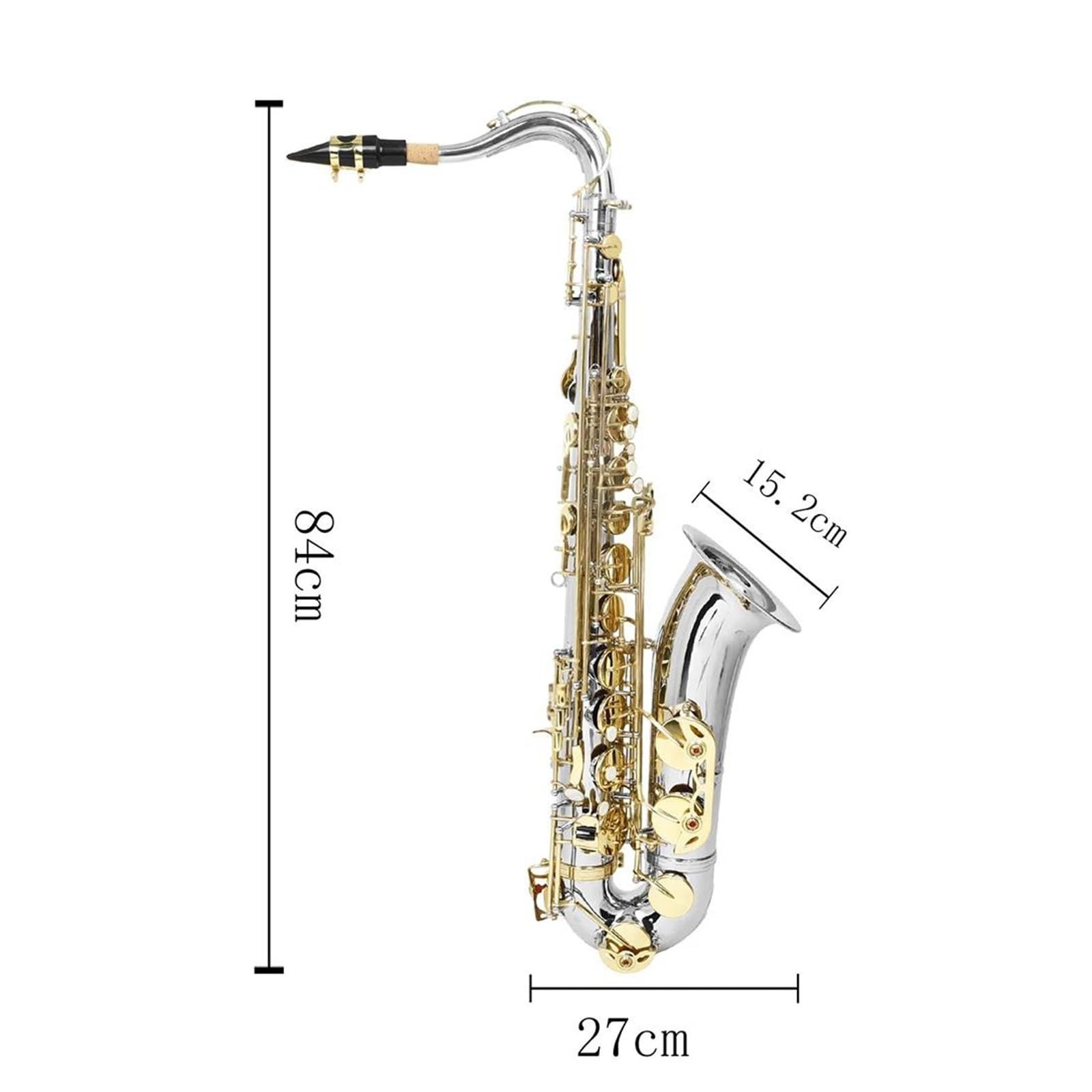 Saxofón Tenor en SIB, Instrumento Musical de latón para Principiantes y Adultos, Color Plateado y Dorado, con Estuche y Cepillo.,B