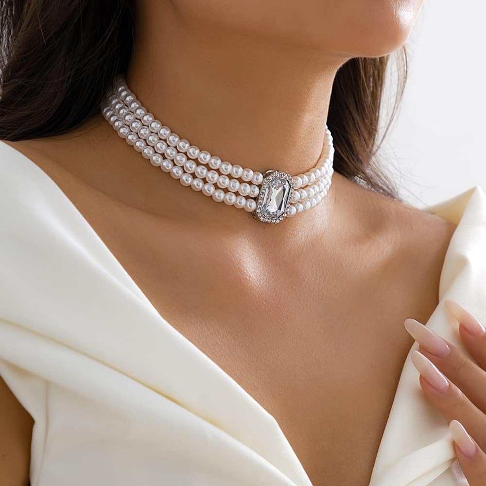Octwine Women 1920s Pearls Necklace Shiny Crystal Dainty Rhinestone Multilayer Necklace Wedding Bridal Bar Party Prom Vintage Pearls Choker Necklace for Women - Image 2