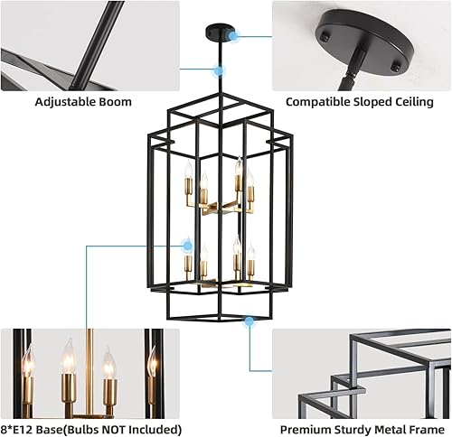 Miniatura 4 de Candelabro de granja de 8 luces, lámparas industriales grandes para techos altos, lámpara colgante de linterna escalonada negra y dorada, para