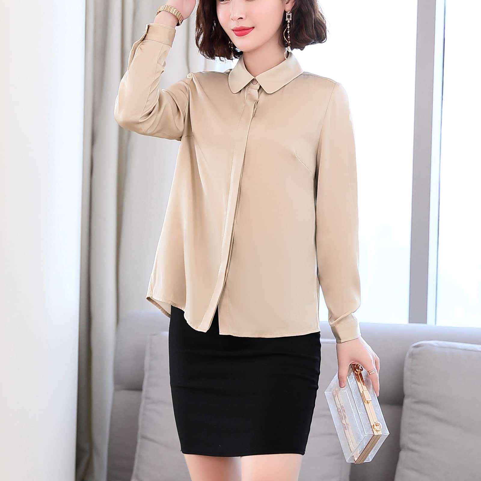 E-girl Blusa de seda para mujer Camisa Sólido Botón Abajo Camisas Blusa de Mujer Manga Larga Solapa Blusa de Seda,S1908