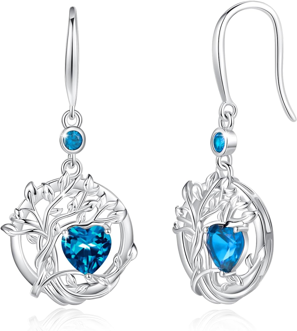FANCIME Tree of Life Dangle Drop Earrings 925 Sterling Silver Dainty Round Gemstone Birthstone Earring Fine Jewelry Birthday Mothers Day Gifts for Her Women