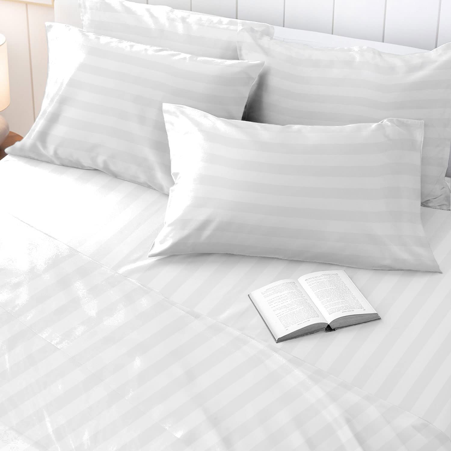 Pizuna Bright White - Damask Stripe 100% Cotton Satin Stripe White Housewife Pillowcases 2 Pack, 300 Thread Count Damask Bedding Long Staple Combed Cotton Sateen Pillow Case 48X74 (White Pillow Cases 2 Pack)