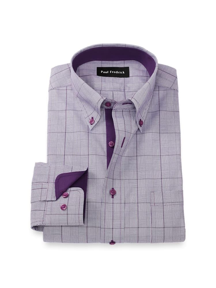 Paul Fredrick Mens Slim Fit Comfort Stretch Non-Iron Glen Plaid Dress Shirt