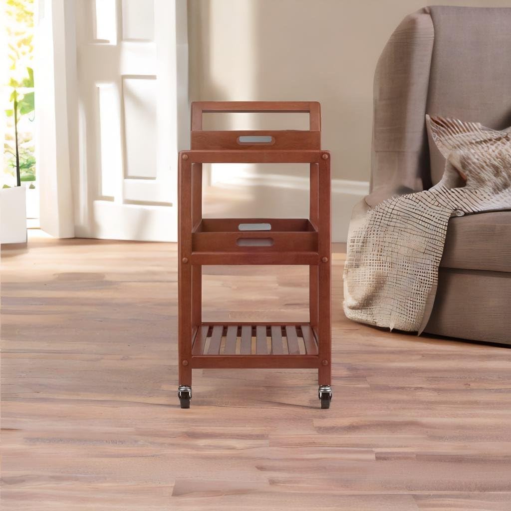 Ergode Albert Entertainment Cart, Elegant Walnut Finish, Rolling Bar Cart with Removable Serving Trays and Open Shelves, Mobile Storage Solution for Kitchen, Dining Room, or Living Area