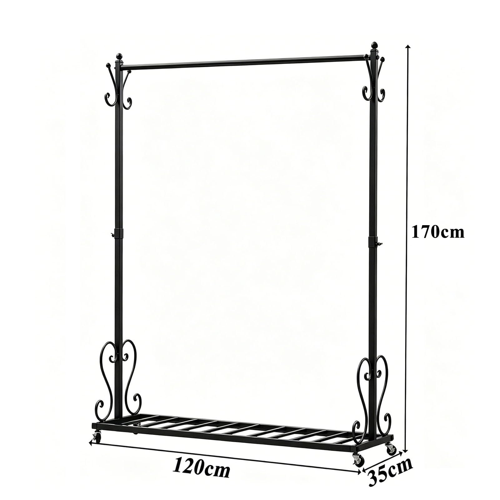 Kleiderständer aus Metall mit Rollen (Schwarz, 120x170cm) | Garderobenständer mit 8 Haken, Regal & 4 Bremsrollen – stabil, belastbar bis 65 kg, für Schlafzimmer, Boutique, Unteres