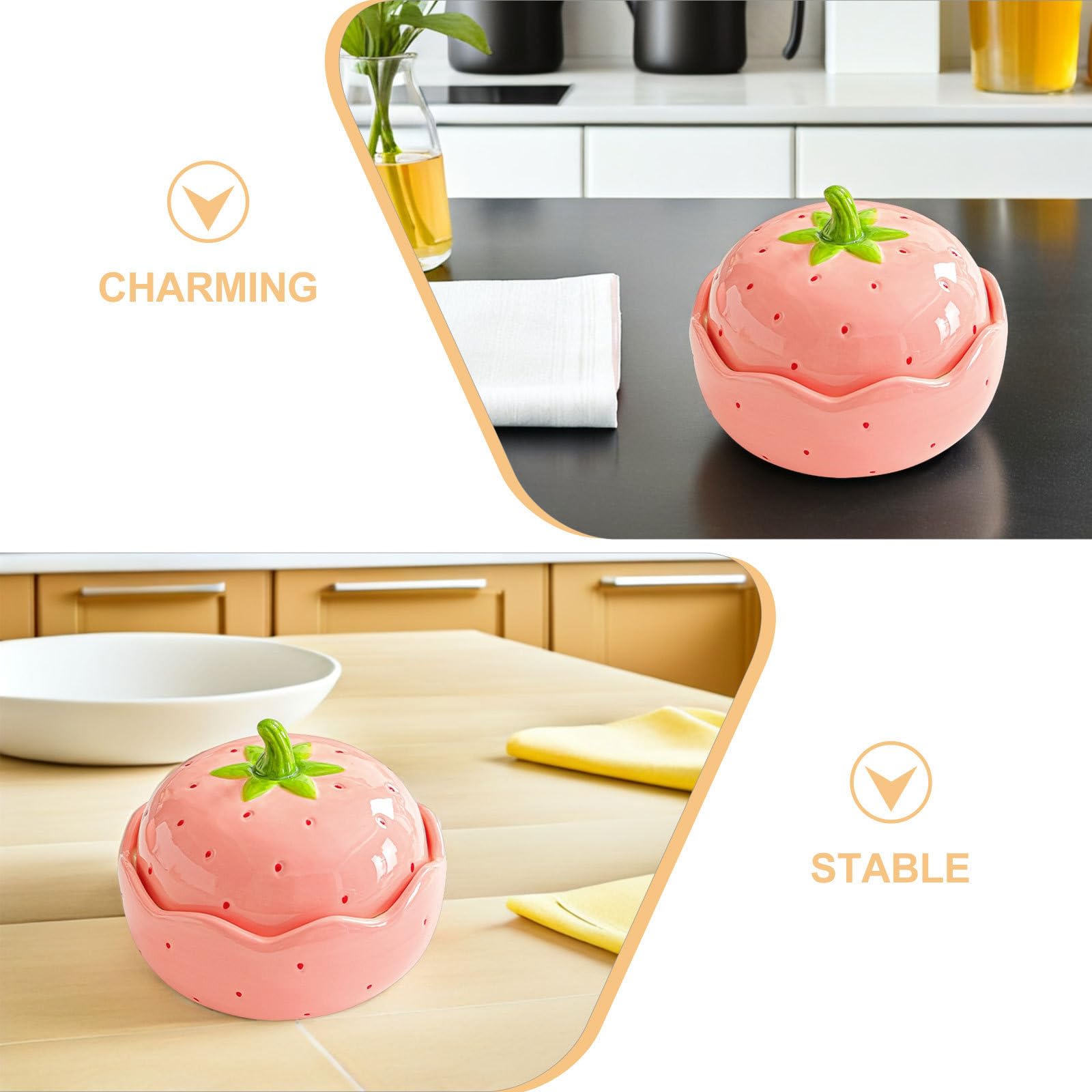 Operitacx Tazón de Ramen de Cerámica con Forma de Fresa y Tapa, Apto para Microondas, Capacidad 600ml, Diseño Decorativo Encantador para Comidas en Casa y Oficina