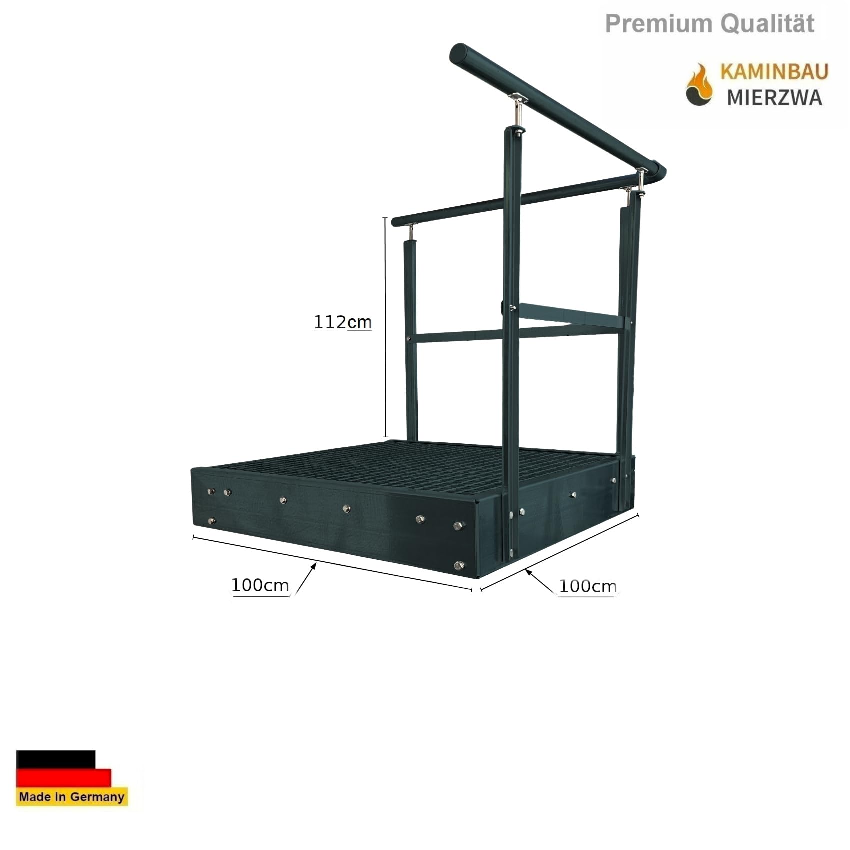 Schody podestowe stalowe 2 stopnie, wolnostojące, wysokość 38 cm, łącznie z podestem 100 x 100 cm, z poręczą, w całości w kolorze antracytowym RAL 7016, orientacja, schody, lewa, schody zewnętrzne