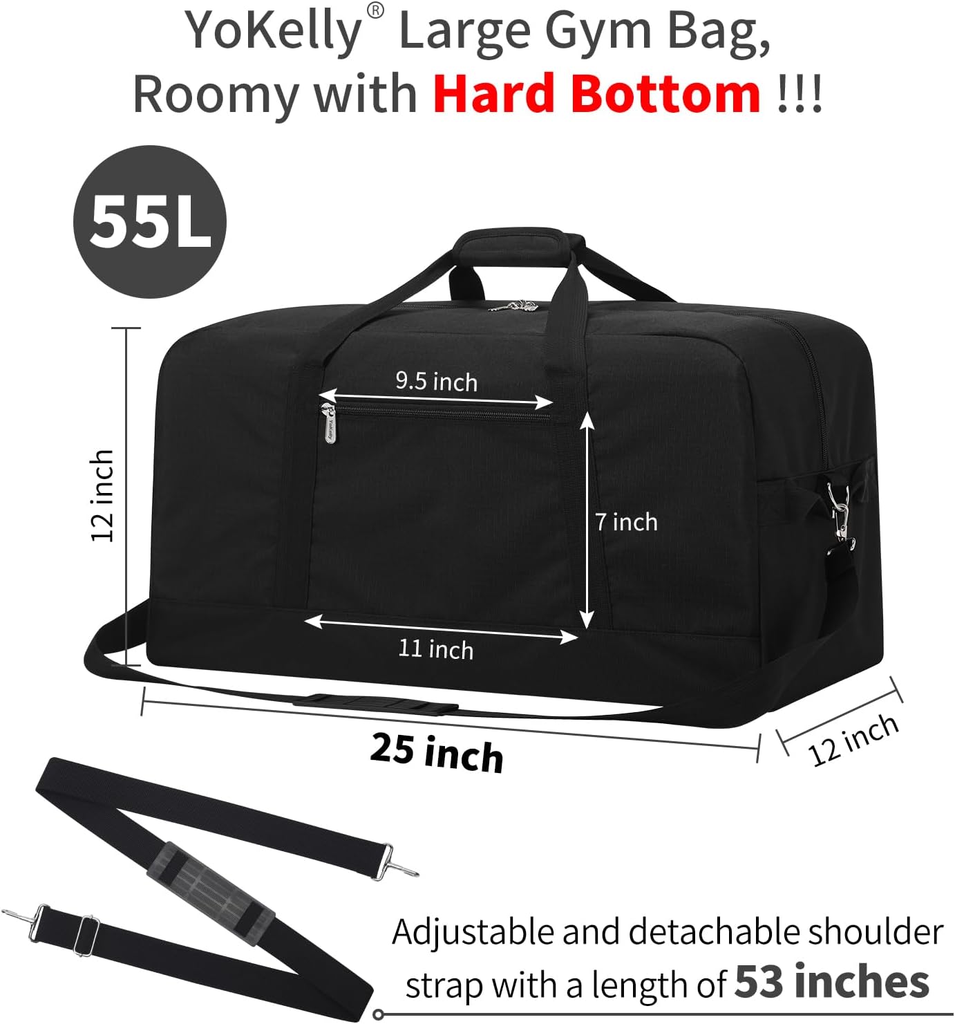 55L Large Duffle Bag for Men Travel - 25 inch Weekender Duffel Bag with Hard Bottom - Black - Image 7