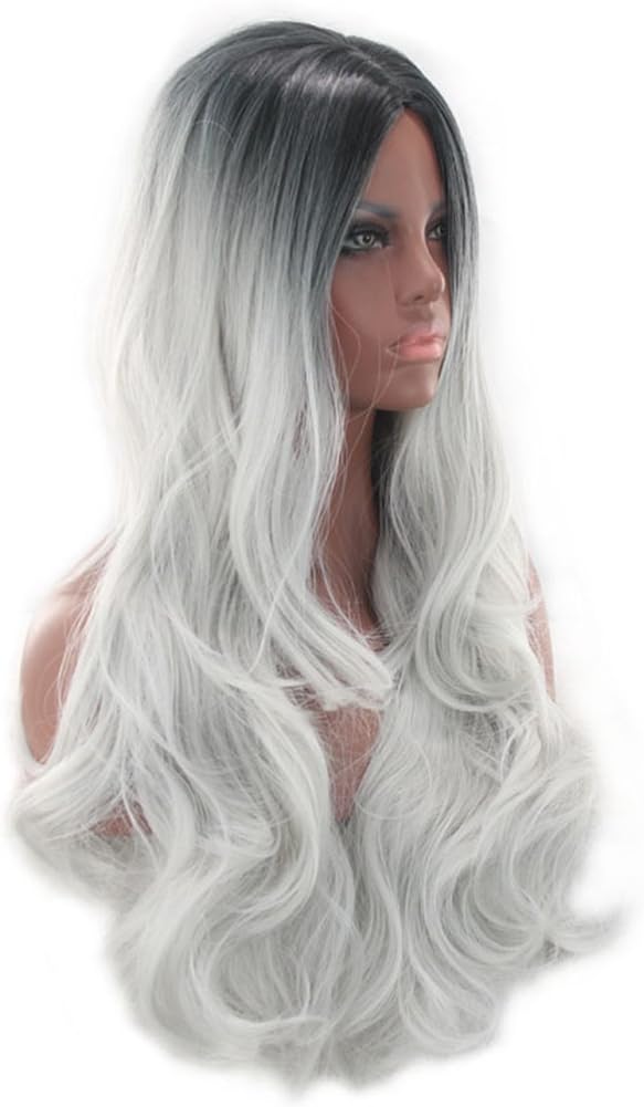 Frcolor Long Wave Curly Cosplay Wig Lolita Style Anime Costume Wigs Black Ombre Gray, grey, 70 cm x 2 cm - Image 4