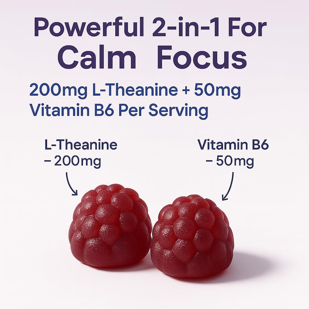 L-Theanine Gummies 200mg – L Theanine Supplement Chewable Gummy – Ltheanine/L’theanine 200mg – Focus and Calm Vitamins Supplement for Kids and Adults
