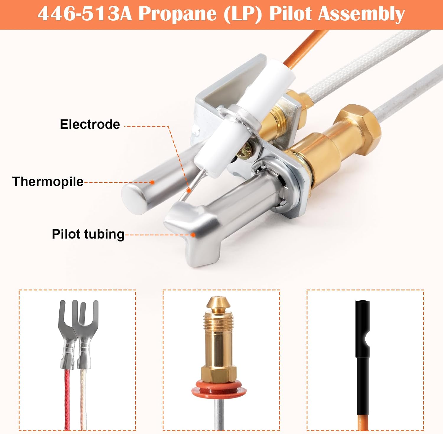 Hiorucet 446-513A Pilot Assembly Propane Gas Kit for Heat N Glo Fireplaces and Gas Log Sets, Heat-N-Glo SL2000, 4000, 5000, 6000 Model, SRV446-513A LP Pilot Assembly Replacement Parts with Thermopile.