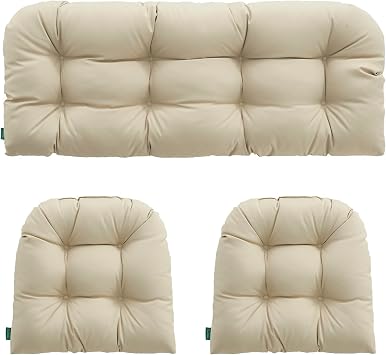 Outdoor/Indoor All Weather Tufted Wicker Chair Cushions of 3 Pieces, 1 Loveseat and 2 U-Shape Waterproof Cushions for Patio Furniture,Wicker Loveseat,Bench-Beige