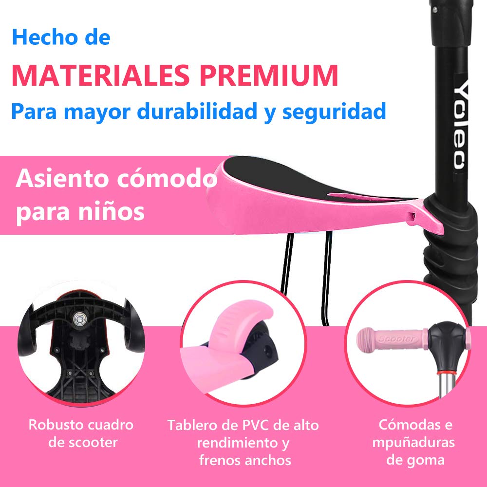 YOLEO Patinete para Niños 3-en-1, Scooter 3 Ruedas LED Parpadeantes, Scooter para Niños con Manillar Ajustable Asiento Extraíble de 2 a 8 años, Carga Máxima de 50 kg