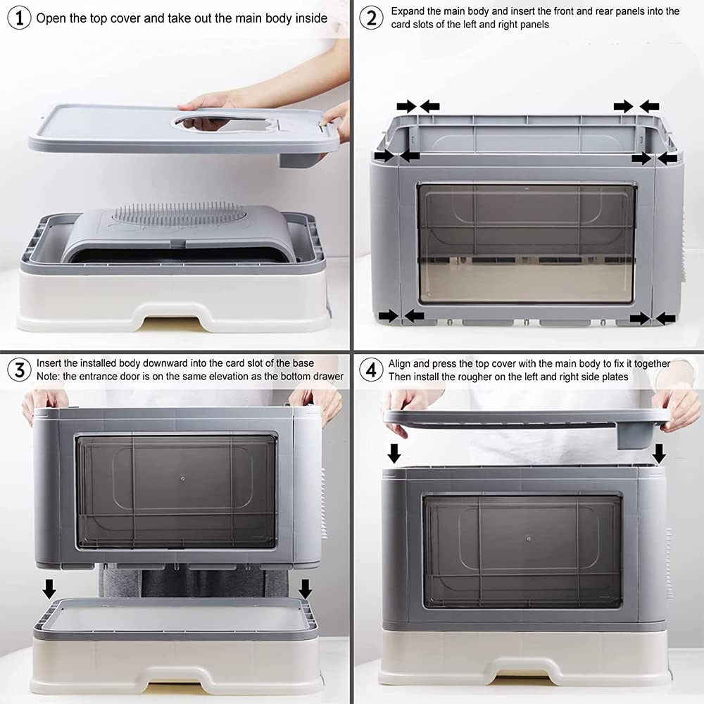 Bac à Litière pour Chat,Grande Maison de Toilette Chat Pliable avec Couvercle,Bac de Tiroir et Pelle à Litière,Portable,WC pour Chats avec Couvercle (48.5 * 36.5 * 38cm PP-Gris)