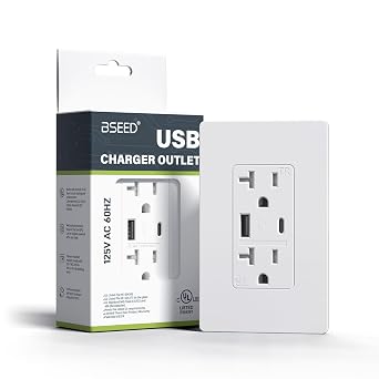 BSEED USB Outlet, 20 Amp Wall Outlet with Type A & Type C Ports, Charging Power Outlet with USB Ports, Tamper Resistant Receptacle, Wall Plate Included, UL Listed, White, 1 Pack