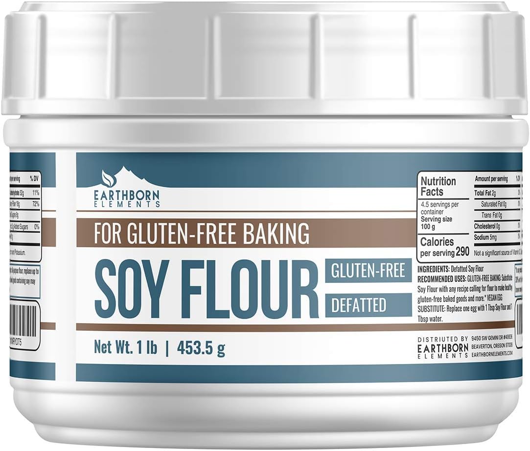 Soy Flour (1 lb) by Earthborn Elements, Defatted, Ideal for Baking, Cooking, Frying, and Thickening, High in Protein, Less Carbs than All-Purpose Flour