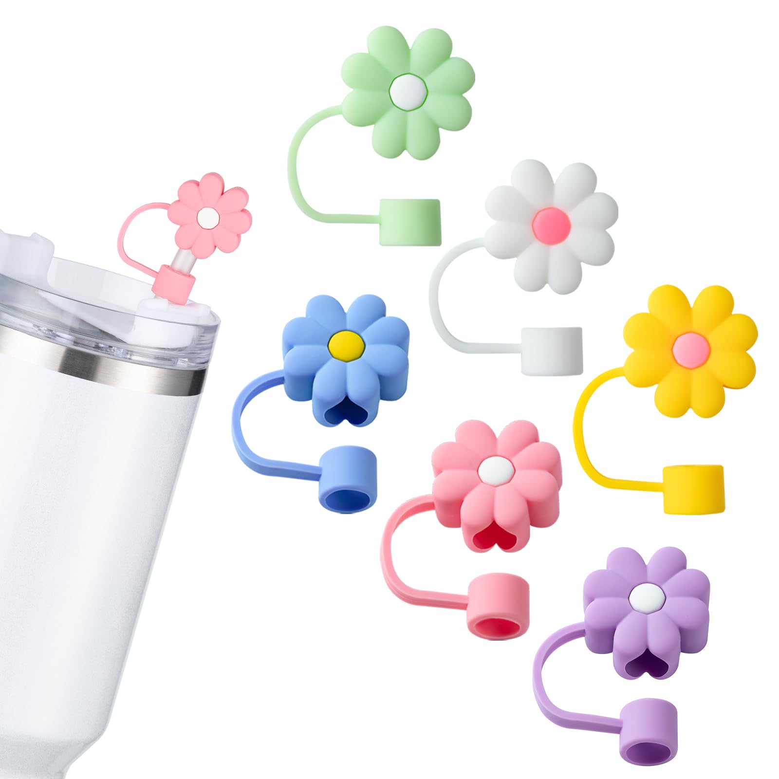 6Pcs Straw Covers Cap Toppers, 0.4in /10mm Straws Cap for 20&30&40oz Tumbler Drinking Cup with Handle, Reusable Cute Silicone Tips Lids Protectors for Water Bottle Accessories, Flower Shape