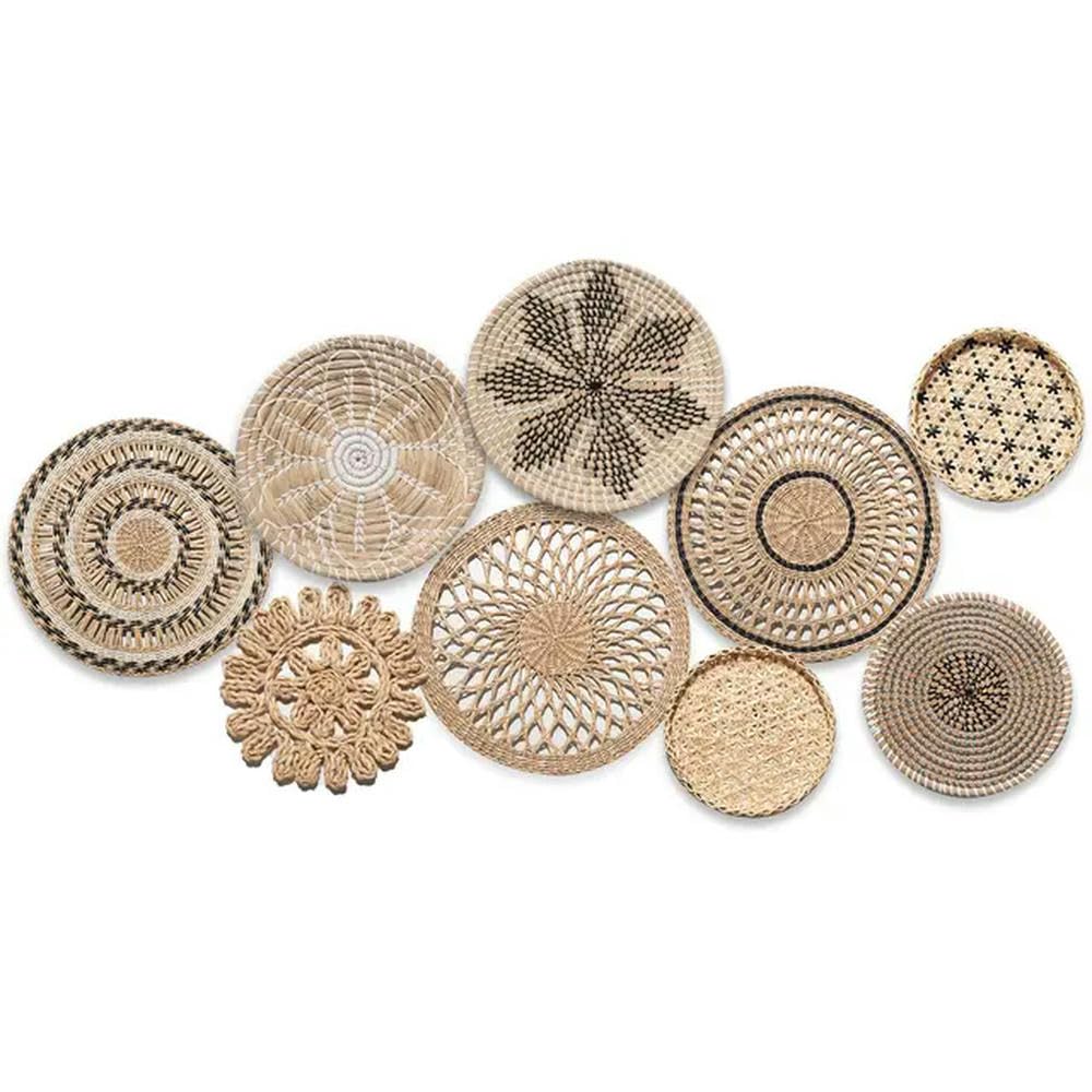 Juego de decoración de Pared de 9 Decoraciones para el hogar, decoración de Pared de ratán, Cesta de Mimbre, cestas Colgantes para Pared, Platos Decorativos para Pared