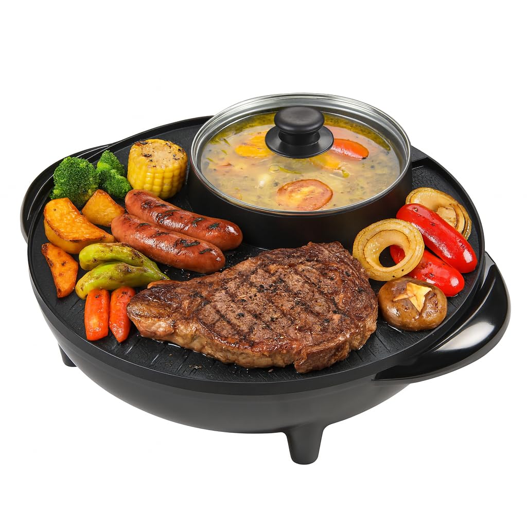 OVENTE Electric Hot Pot and Grill Combo, 2-in-1 Portable Countertop Cooker with Temperature Control Perfect for Korean BBQ, Shabu Shabu and Soup with Free Strainer, Chopsticks and Tong, Black GH10133B