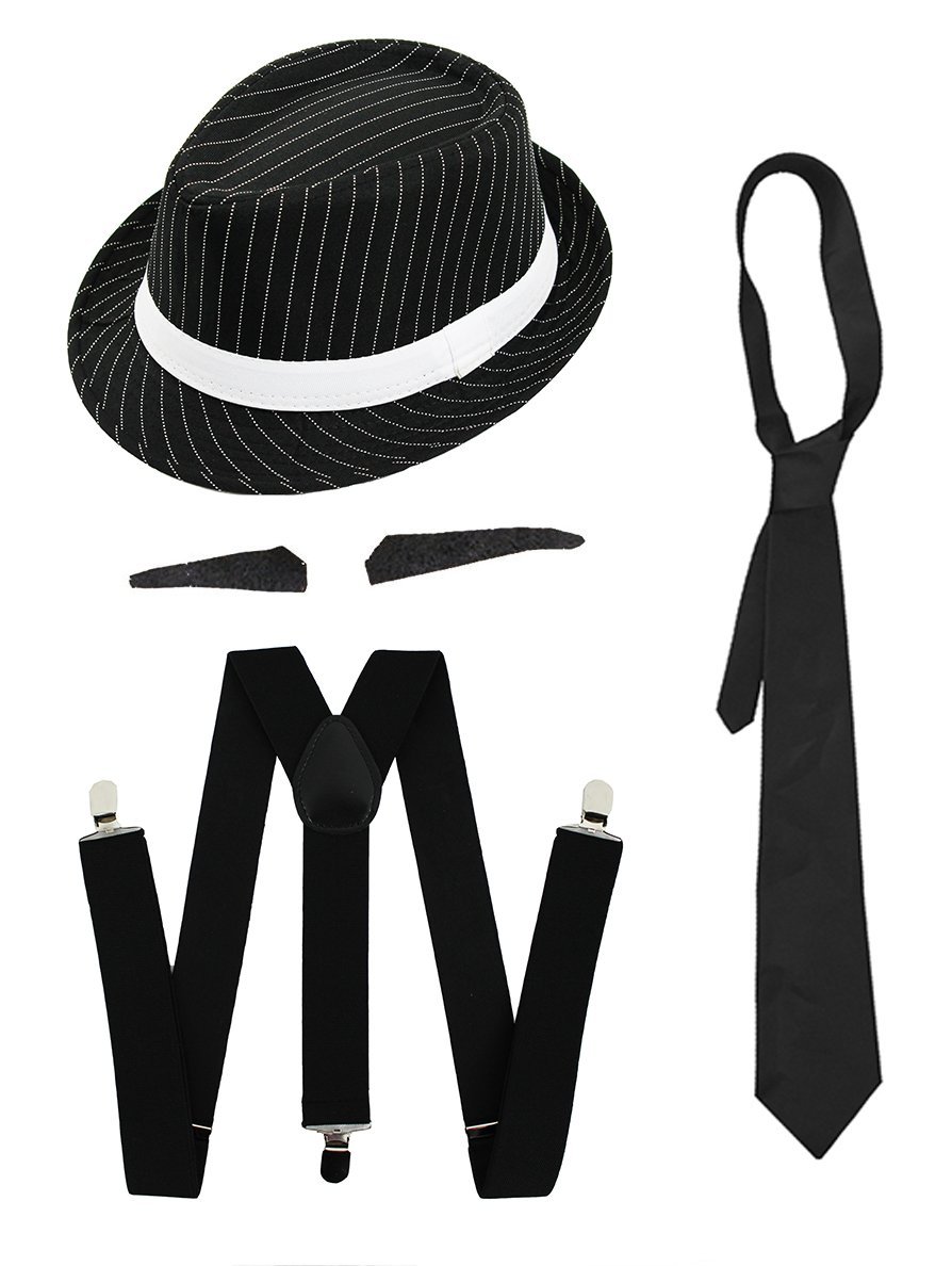 ILOVEFANCYDRESS Pinstripe Trilby Hat, Black Braces, Tie, and 3X Spiv Tash - 4 Piece Gangster Costume Set