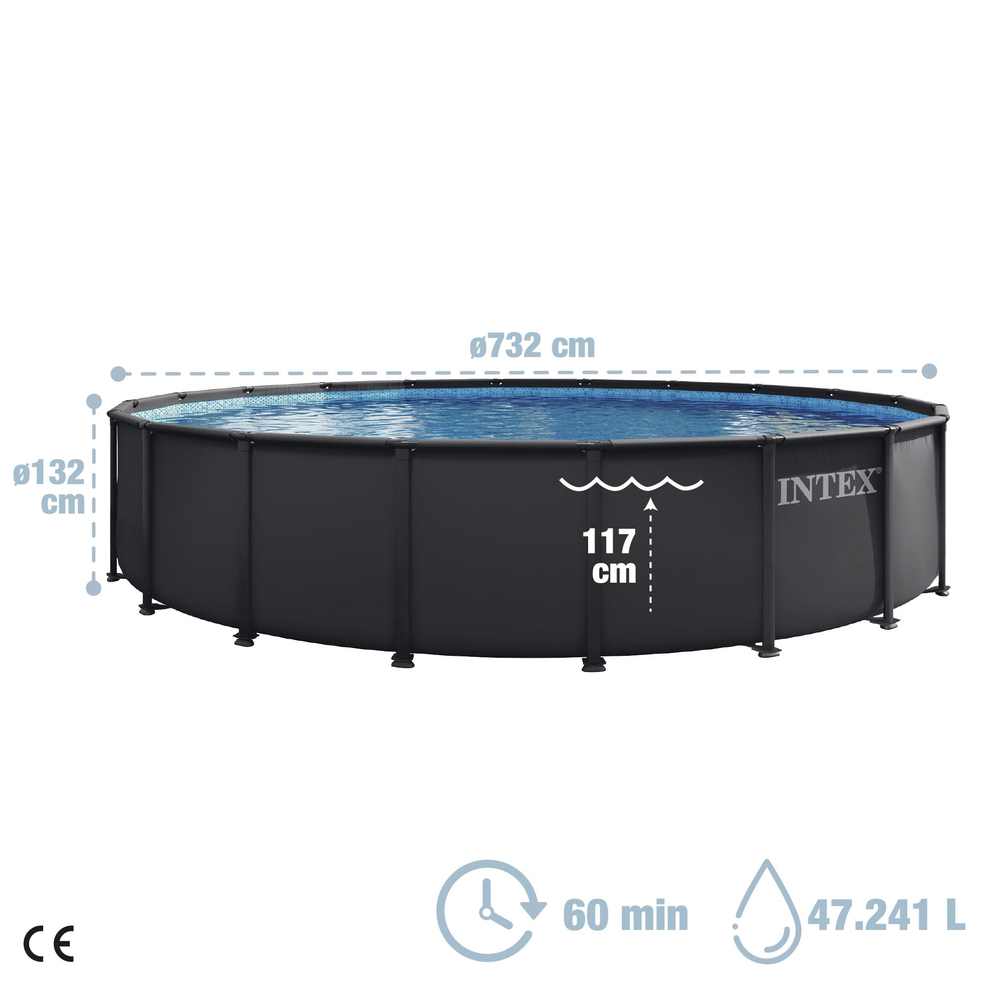 Intex - Piscina Desmontable, Ultra XTR, Gris Oscuro, D732x132 cm, Capacidad para 47.241 litros, Escalera, Tapiz, Cobertor, Estructura metálica, Montaje 60 Minutos, Conexiones Ø38 mm (56092)