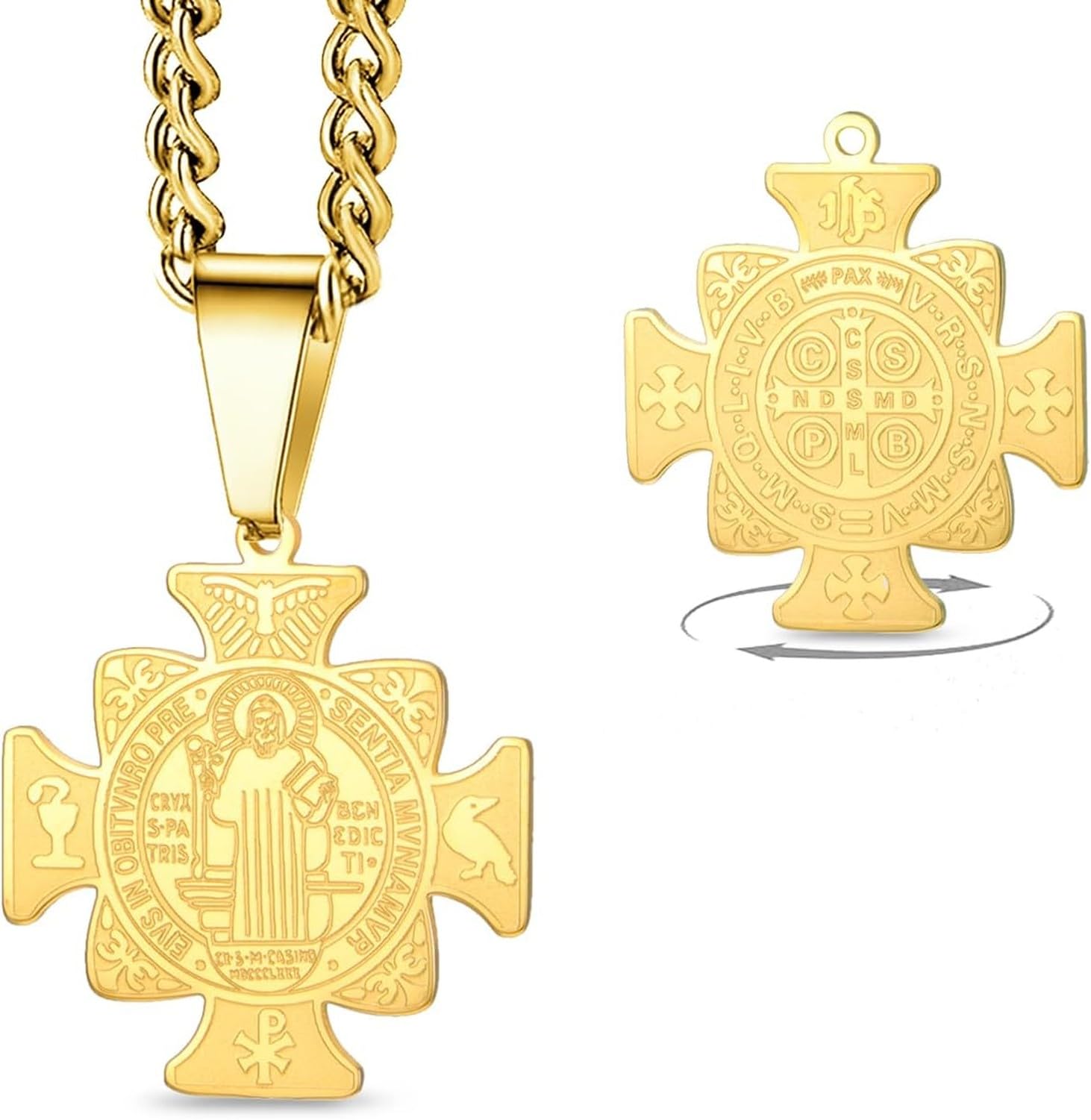 Wuufake Christian Protection Stainless Steel St Benedict Medal Crucifix Pendant Demon Exorcism Amulet Necklace Jewelry For Men Women Catholic, Gold