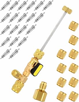 Valve Core Removal Tool,Air Conditioning Line Repair Tools,Valve Core Removel Tool,HVAC Tools with Dual Size SAE 1/4 & 5/16 Port, 20 PCS Valve Cores with Teflon Seal, 10 PCS Brass Nuts