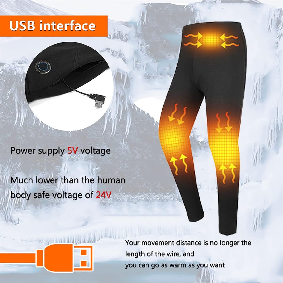 Podgrzewane spodnie termiczne z funkcją ładowania przez USB, z izolacją i kontrolą temperatury, do uprawiania narciarstwa biegowego
