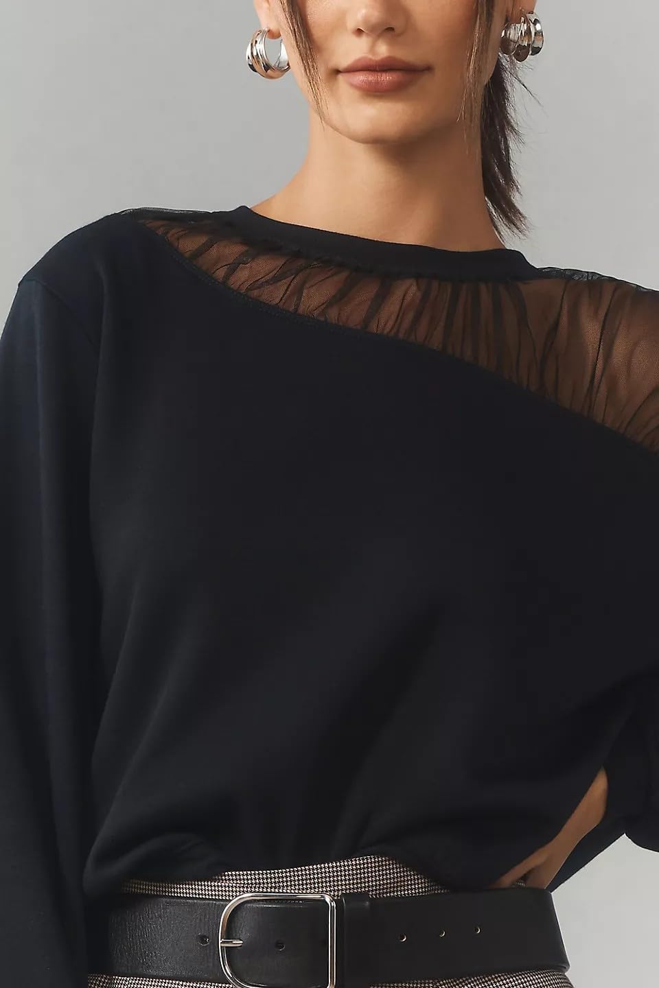 VAOYIU Women's Shoulder Mesh Design Sweatshirt Casual Long Sleeve Crew Neck Pullover Tops Casual Lace Edged Clothing - Image 4