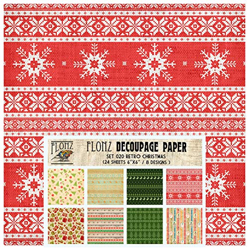 Decoupage Paper Pack (24 Sheets 6″x6″) Retro Christmas FLONZ Vintage Styled Paper for Decoupage, Craft and Scrapbooking