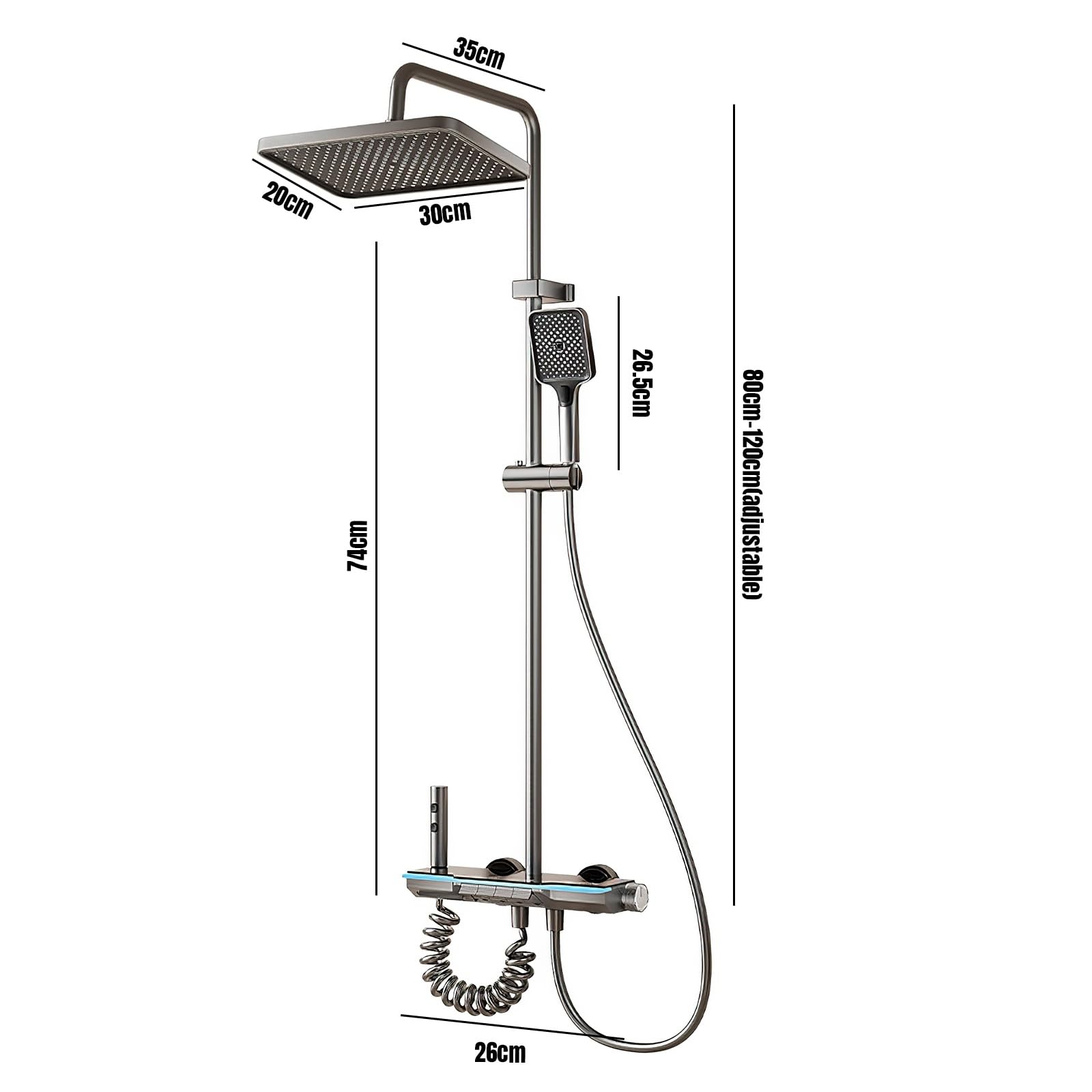 LED Display Digitale Colonna Doccia Termostatica, 80-120 cm Barra Doccia Altezza Regolabile, Colonna Doccia Con Testa Doccia 20 x 30 cm, 3 Miscelatore Doccia Con Piano (B)