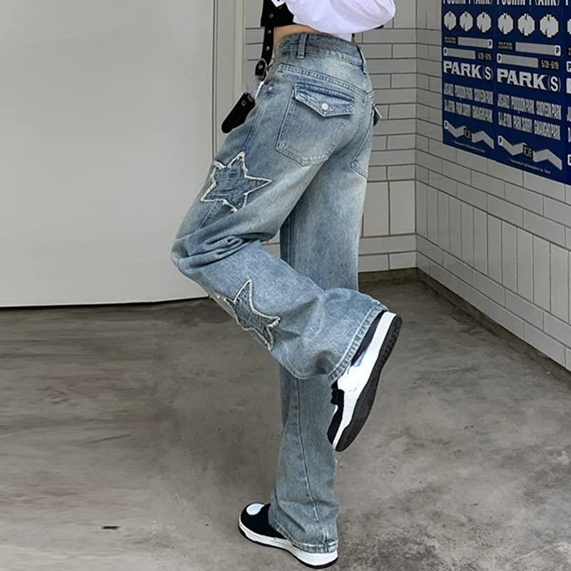 Fairy Grunge Star Embroidery Patchwork Jeans Y2K High Waisted Straight Denim Pants Aesthetic Trousers Streetwear3