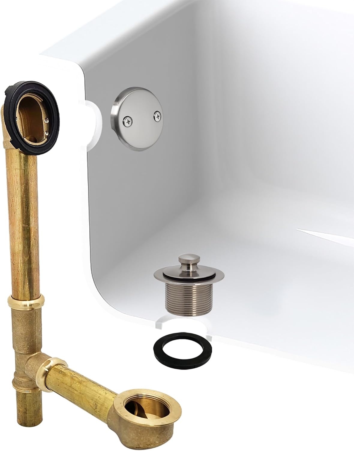 Westbrass A3262-07 14" Brass Bath Waste & Overflow Assembly with Pull Drain Plug and 2-Hole Faceplate, Satin Nickel