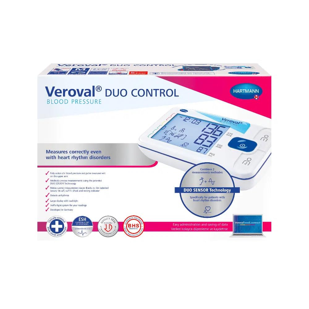 Veroval Duo Control large Tensiómetro para arritmias cardíacas, digital, con aplicación (bluetooth), control del asiento del puño, indicador de reposo y software
