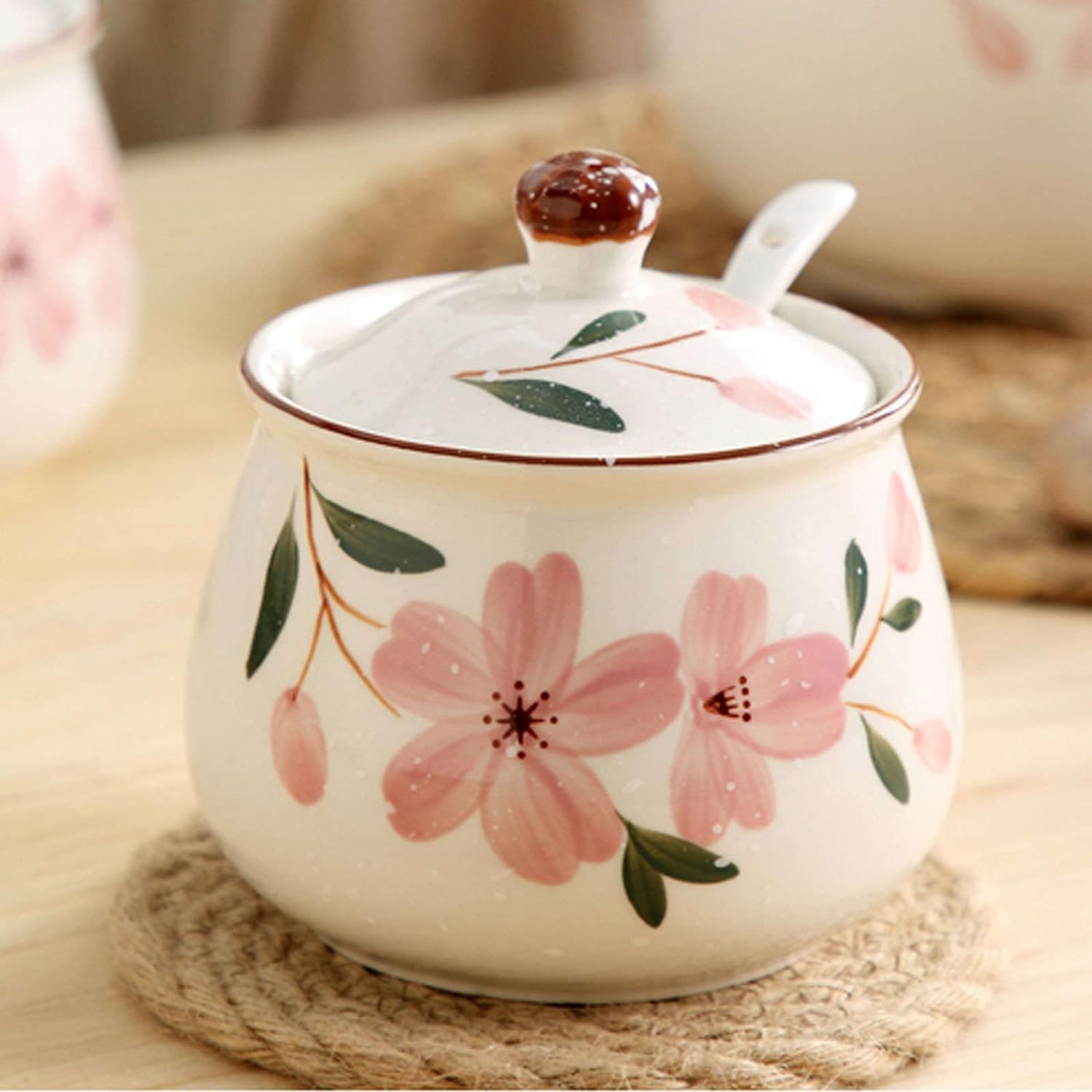 cukiernica, różowy wzór kwiatu wiśni cukiernica z pokrywką, cukiernica z łyżeczką, ceramiczne słoiczki na przyprawy, dekoracja kuchenna-kwiaty wiśni-350ml